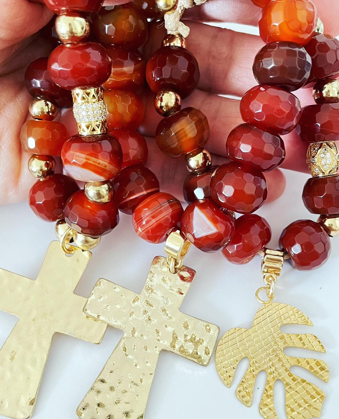 Faceted Burgundy Agate Bracelet – Gold Cross