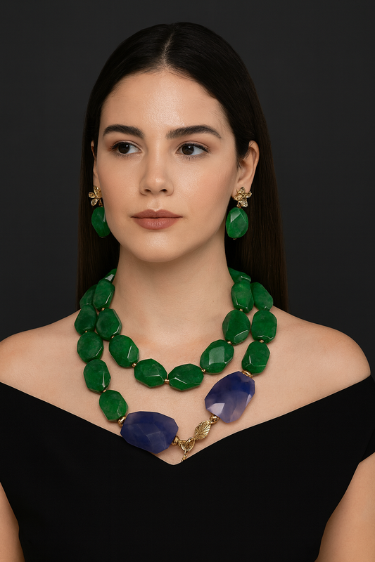 " ORIGEN "Double-Wrap Necklace and Earrings Set with Aventurine and Azurite
