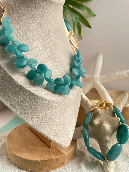 Set “Brisa Marina” – Collar y Pulsera de Ágatas Azul Cielo | Colección Perla del Pacífico
