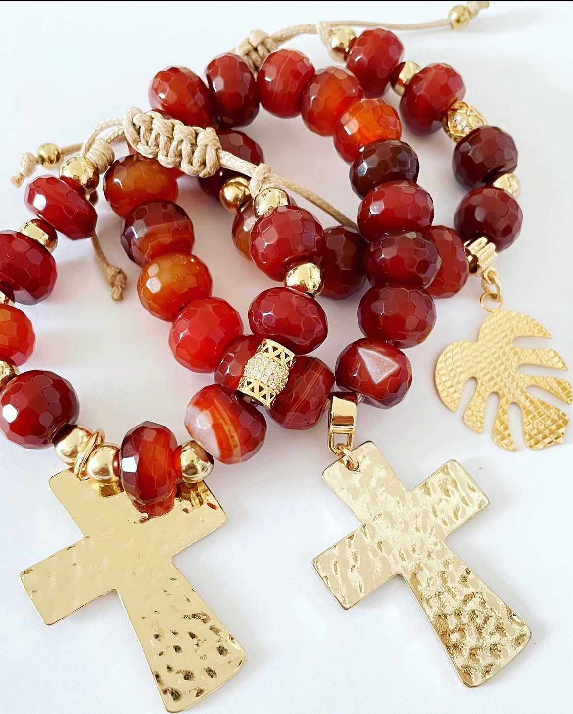 Faceted Burgundy Agate Bracelet – Gold Cross