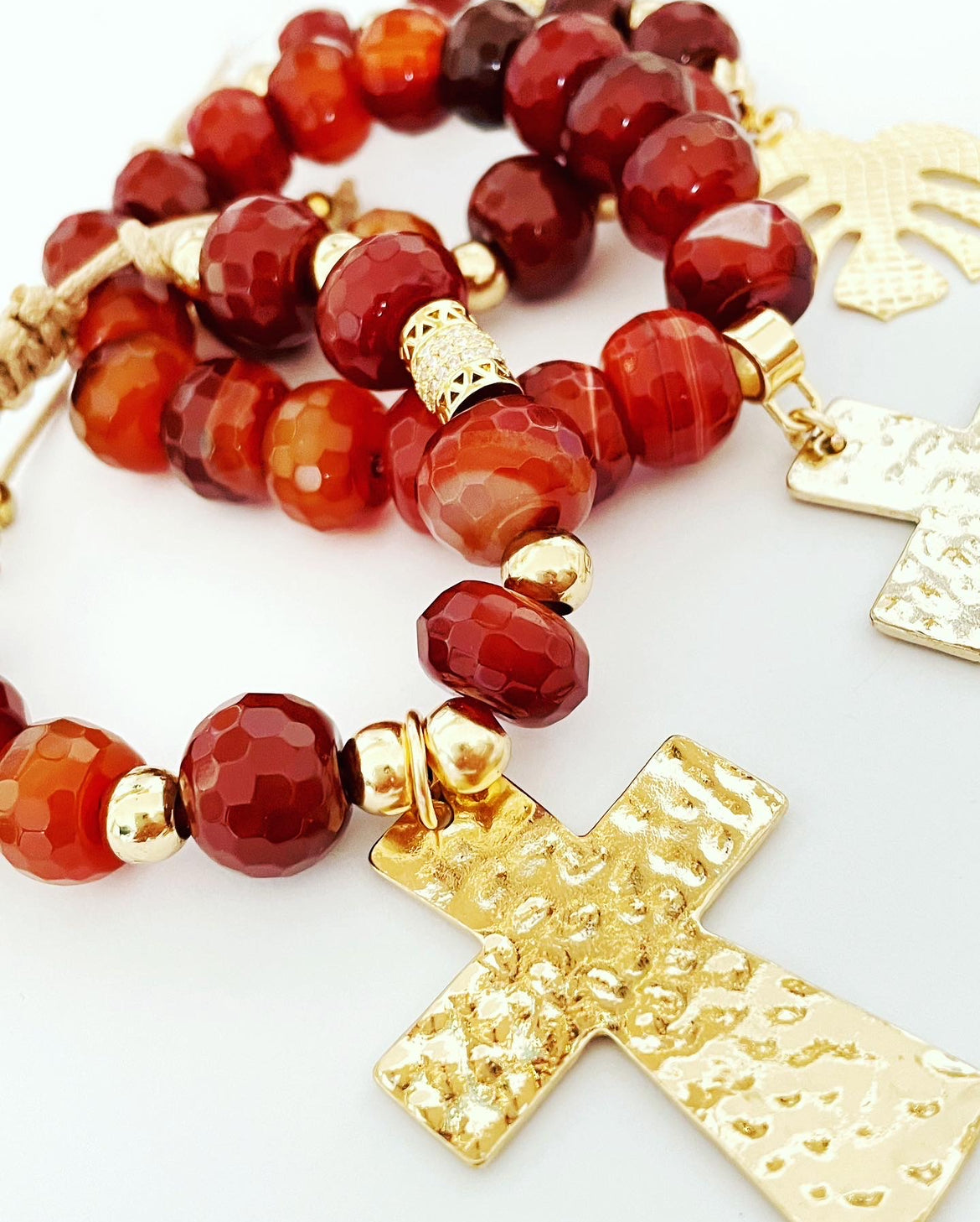 Faceted Burgundy Agate Bracelet – Gold Cross